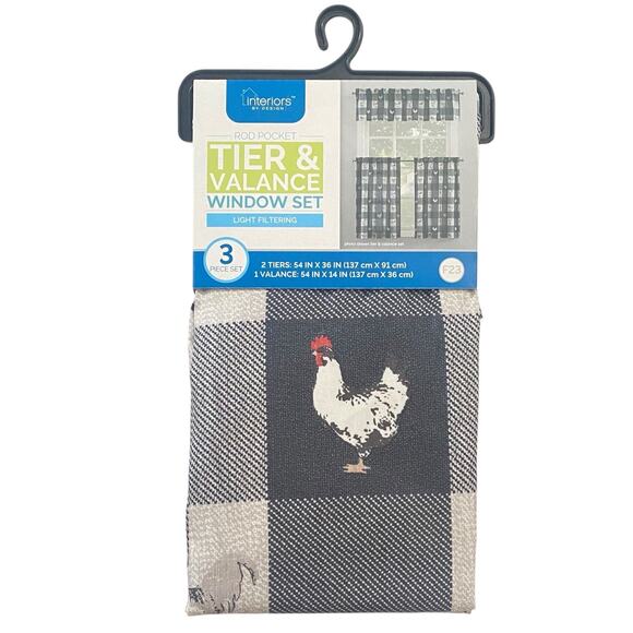 NEW-Interiors Chicken Print Curtains Rod Pocket 3 Piece Set Tier & Valance Plaid - Picture 1 of 5